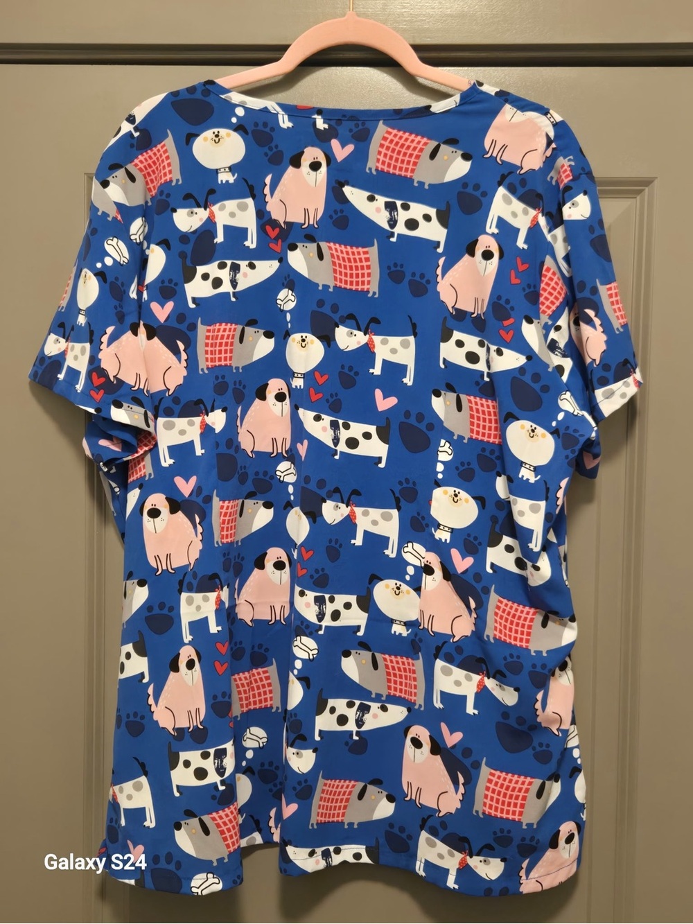 Butter Soft dog print scrub top in blue, pink, white